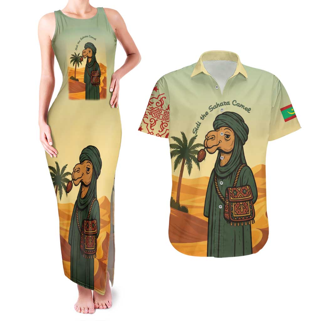 Mauritania Couples Matching Tank Maxi Dress and Hawaiian Shirt with Sidi the Sahara Camel Cartoon and Desert Caravan Design