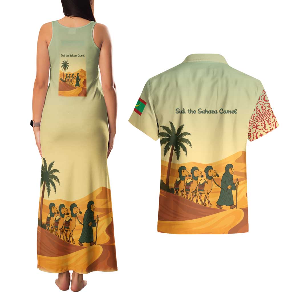 Mauritania Couples Matching Tank Maxi Dress and Hawaiian Shirt with Sidi the Sahara Camel Cartoon and Desert Caravan Design
