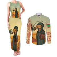 Mauritania Couples Matching Tank Maxi Dress and Long Sleeve Button Shirt with Sidi the Sahara Camel Cartoon and Desert Caravan Design