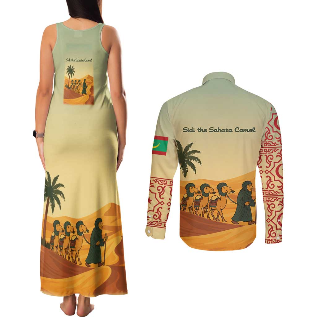 Mauritania Couples Matching Tank Maxi Dress and Long Sleeve Button Shirt with Sidi the Sahara Camel Cartoon and Desert Caravan Design