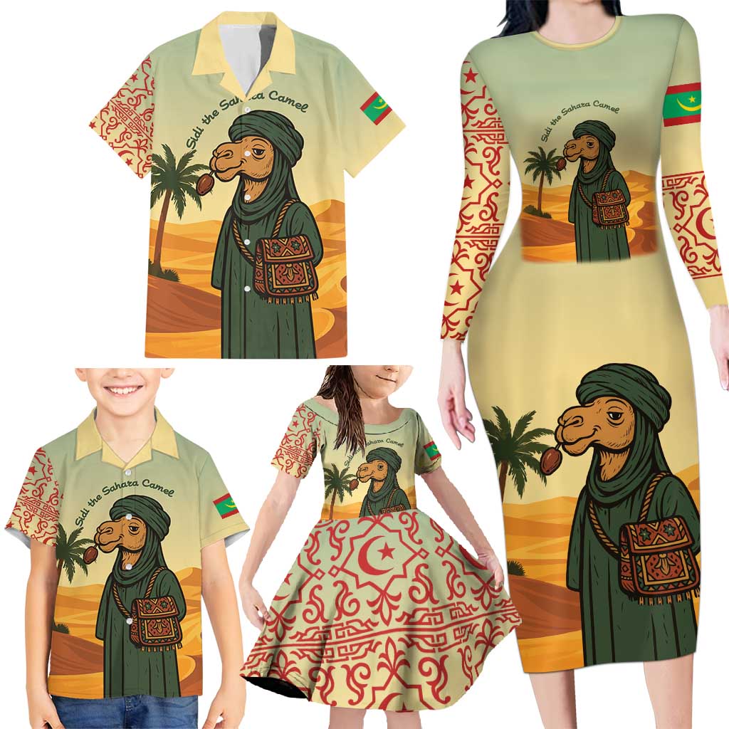 Mauritania Family Matching Long Sleeve Bodycon Dress and Hawaiian Shirt with Sidi the Sahara Camel Cartoon and Desert Caravan Design