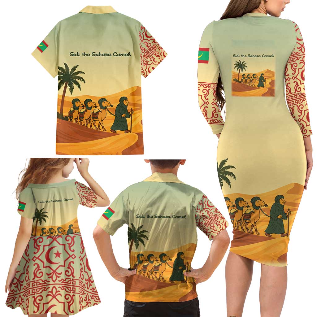 Mauritania Family Matching Long Sleeve Bodycon Dress and Hawaiian Shirt with Sidi the Sahara Camel Cartoon and Desert Caravan Design