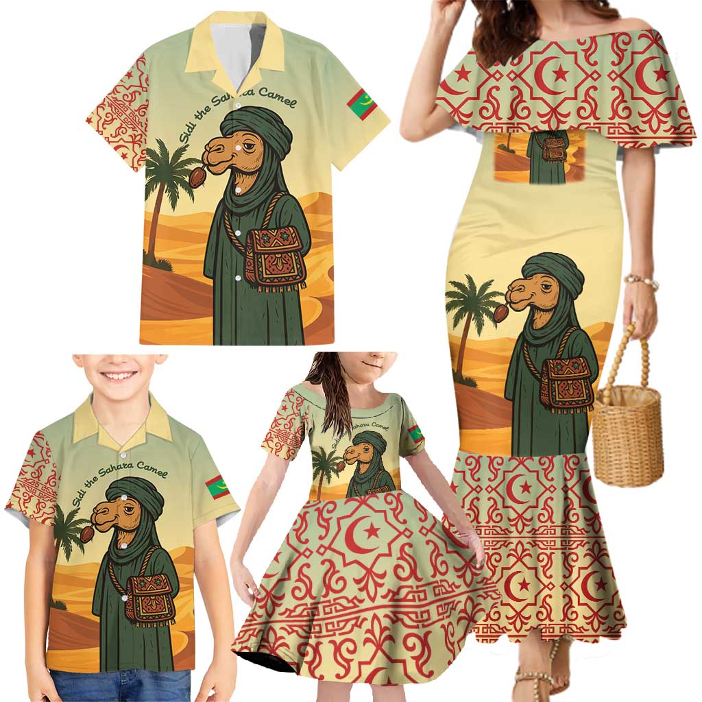 Mauritania Family Matching Mermaid Dress and Hawaiian Shirt with Sidi the Sahara Camel Cartoon and Desert Caravan Design