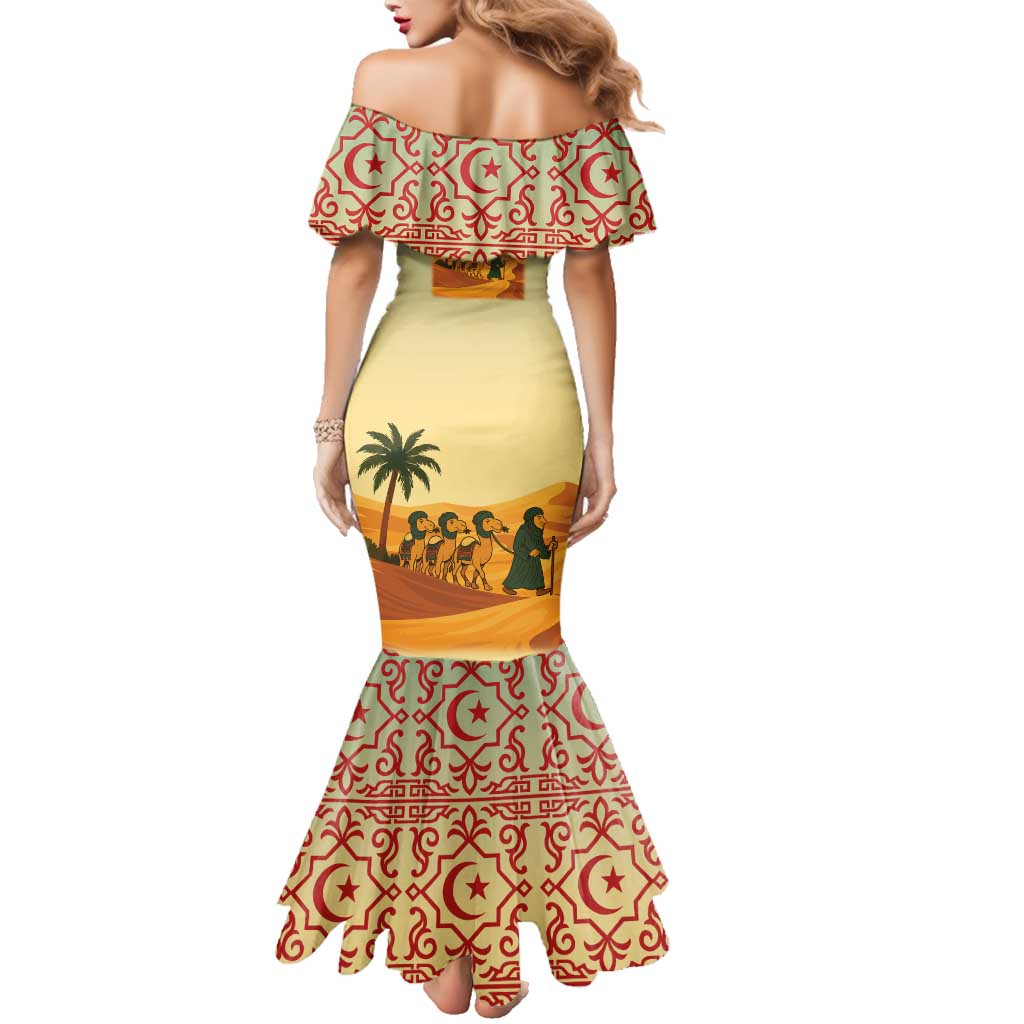 Mauritania Family Matching Mermaid Dress and Hawaiian Shirt with Sidi the Sahara Camel Cartoon and Desert Caravan Design