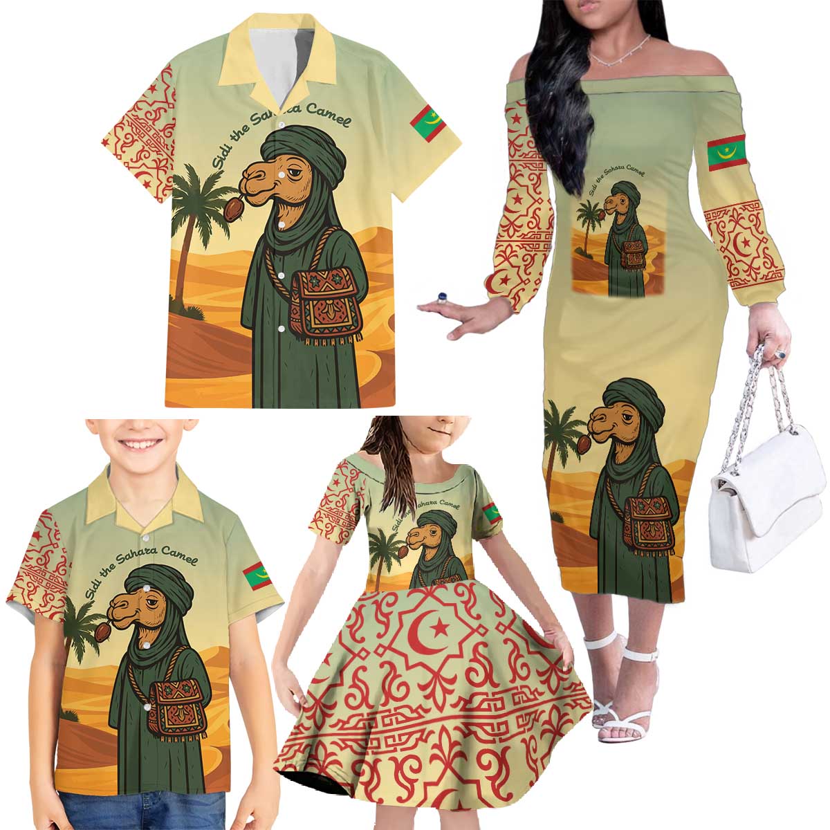 Mauritania Family Matching Off The Shoulder Long Sleeve Dress and Hawaiian Shirt with Sidi the Sahara Camel Cartoon and Desert Caravan Design