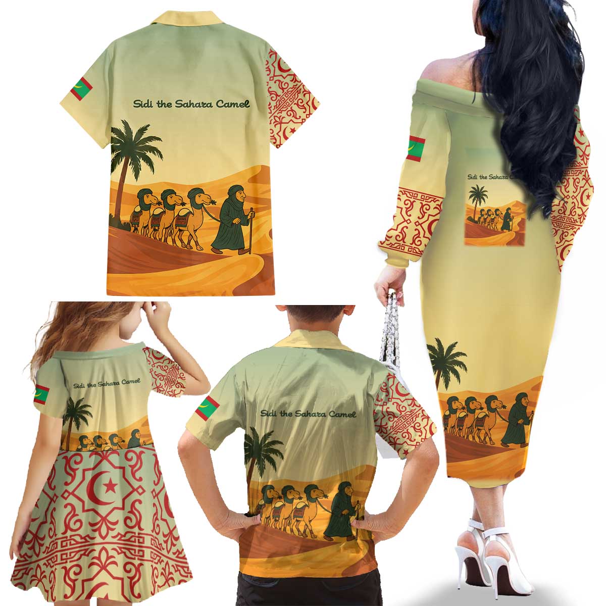 Mauritania Family Matching Off The Shoulder Long Sleeve Dress and Hawaiian Shirt with Sidi the Sahara Camel Cartoon and Desert Caravan Design