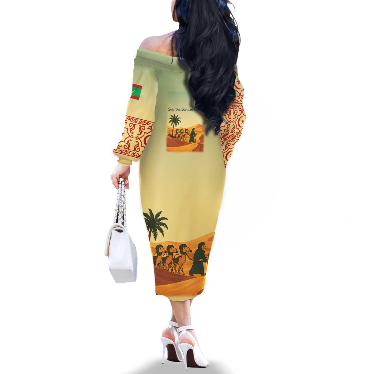 Mauritania Family Matching Off The Shoulder Long Sleeve Dress and Hawaiian Shirt with Sidi the Sahara Camel Cartoon and Desert Caravan Design