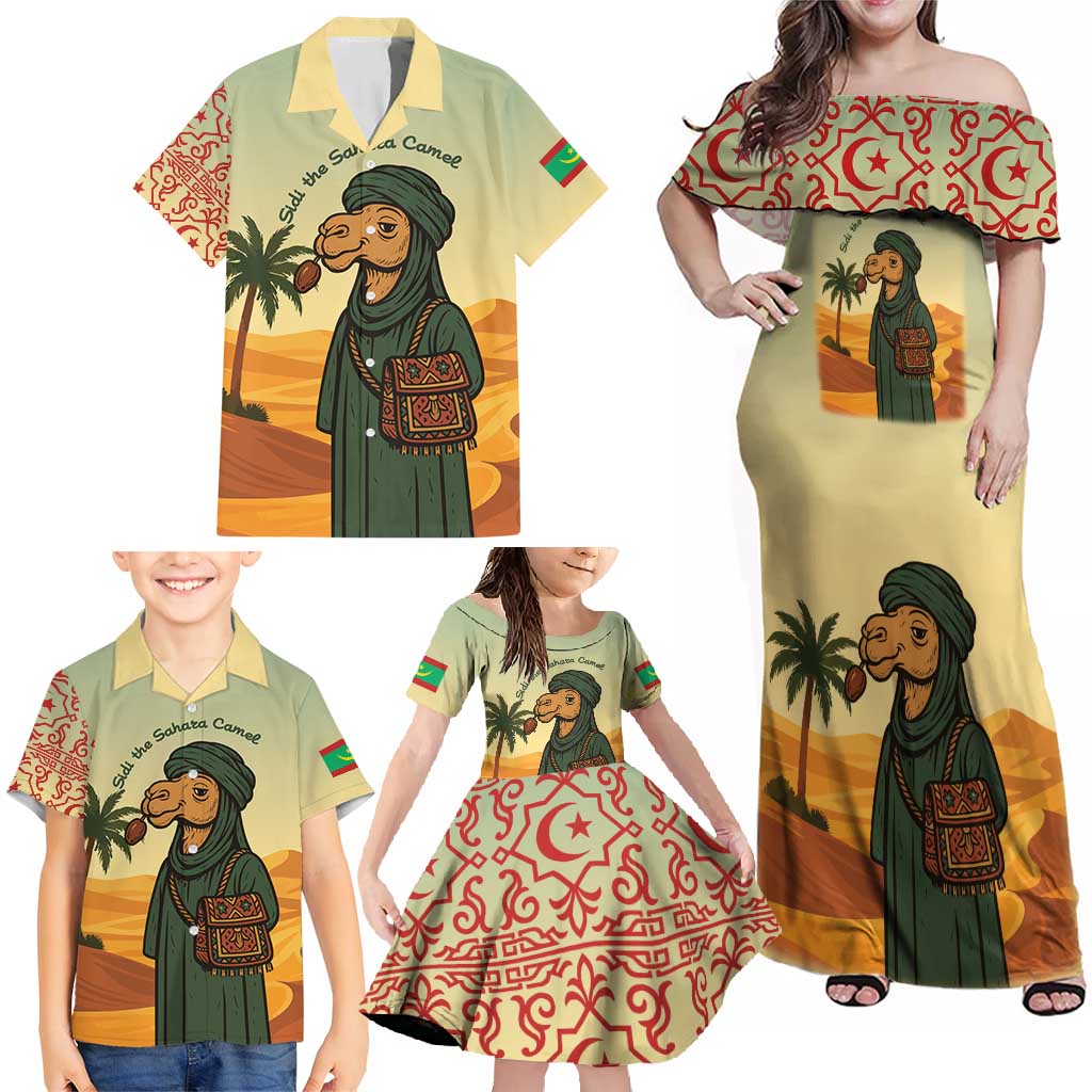 Mauritania Family Matching Off Shoulder Maxi Dress and Hawaiian Shirt with Sidi the Sahara Camel Cartoon and Desert Caravan Design