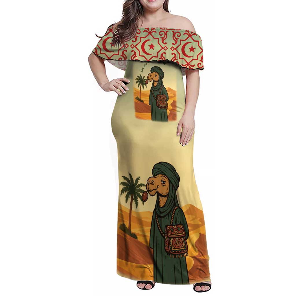 Mauritania Family Matching Off Shoulder Maxi Dress and Hawaiian Shirt with Sidi the Sahara Camel Cartoon and Desert Caravan Design