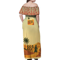 Mauritania Family Matching Off Shoulder Maxi Dress and Hawaiian Shirt with Sidi the Sahara Camel Cartoon and Desert Caravan Design