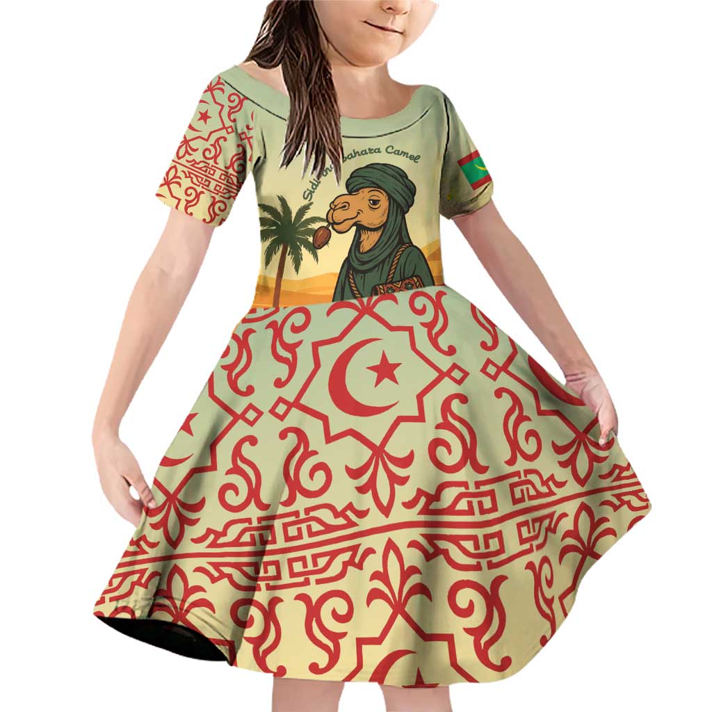 Mauritania Family Matching Off Shoulder Short Dress and Hawaiian Shirt with Sidi the Sahara Camel Cartoon and Desert Caravan Design