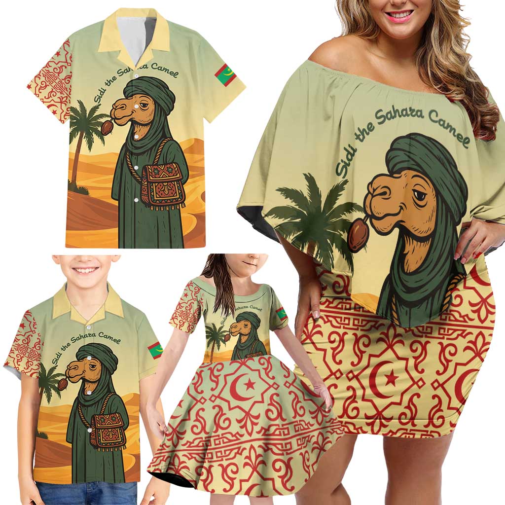 Mauritania Family Matching Off Shoulder Short Dress and Hawaiian Shirt with Sidi the Sahara Camel Cartoon and Desert Caravan Design