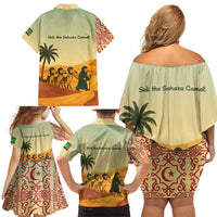 Mauritania Family Matching Off Shoulder Short Dress and Hawaiian Shirt with Sidi the Sahara Camel Cartoon and Desert Caravan Design