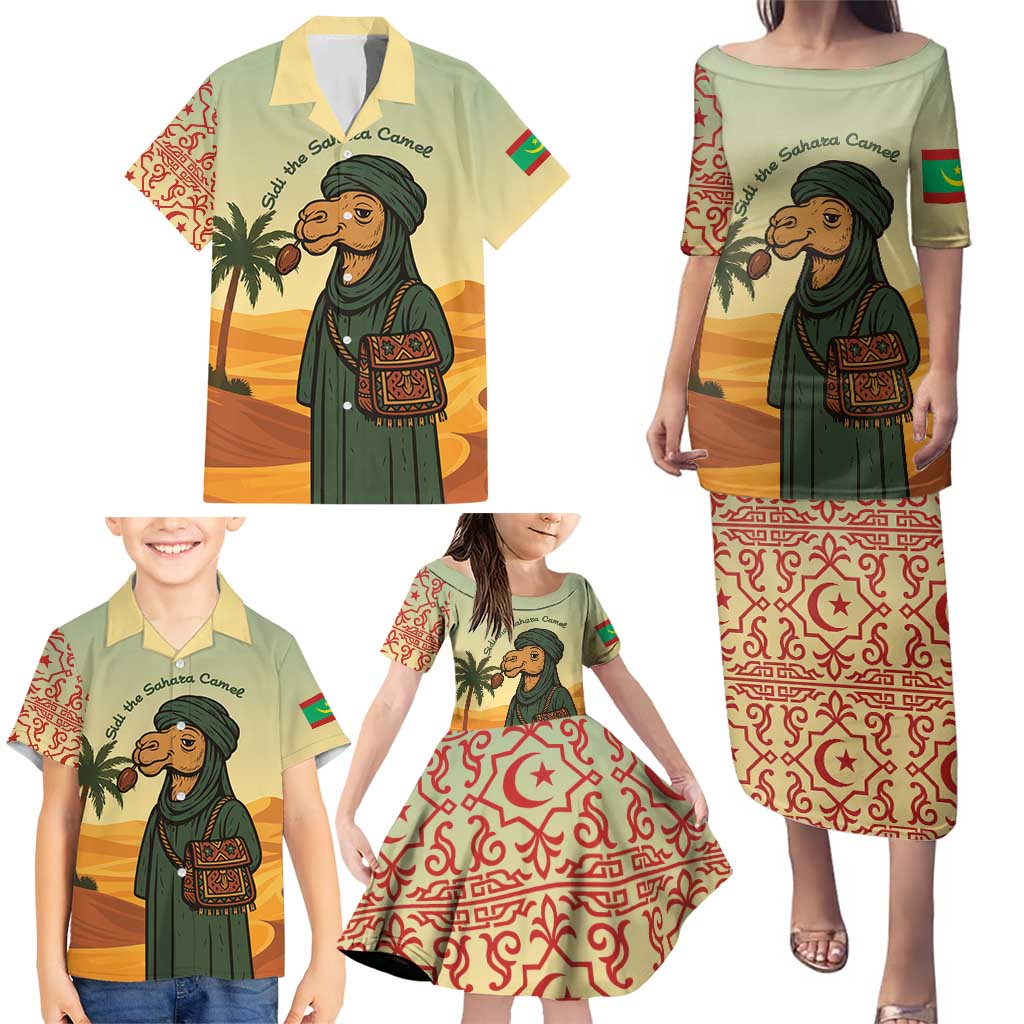 Mauritania Family Matching Puletasi and Hawaiian Shirt with Sidi the Sahara Camel Cartoon and Desert Caravan Design