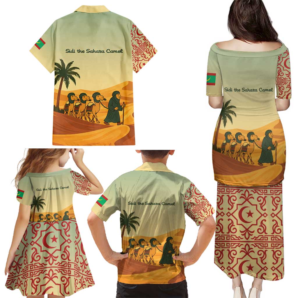 Mauritania Family Matching Puletasi and Hawaiian Shirt with Sidi the Sahara Camel Cartoon and Desert Caravan Design