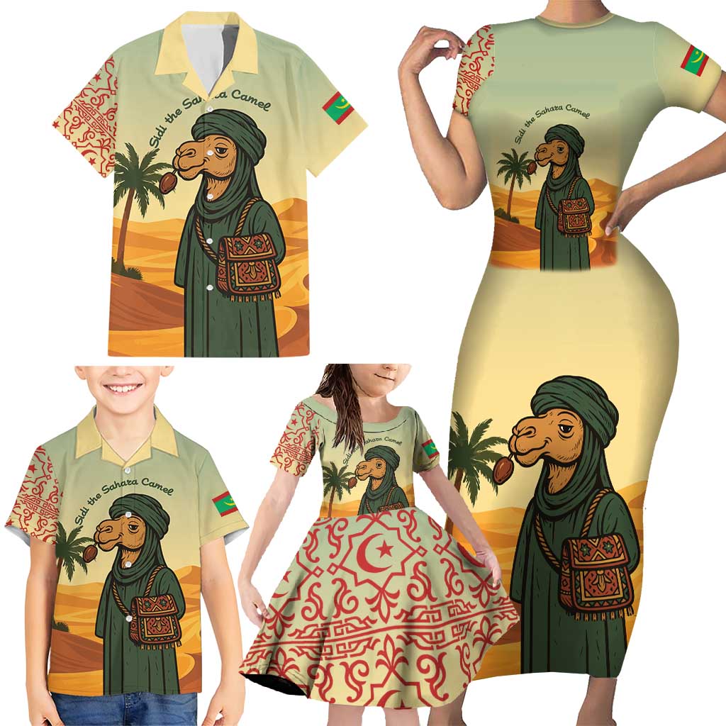 Mauritania Family Matching Short Sleeve Bodycon Dress and Hawaiian Shirt with Sidi the Sahara Camel Cartoon and Desert Caravan Design