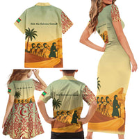 Mauritania Family Matching Short Sleeve Bodycon Dress and Hawaiian Shirt with Sidi the Sahara Camel Cartoon and Desert Caravan Design
