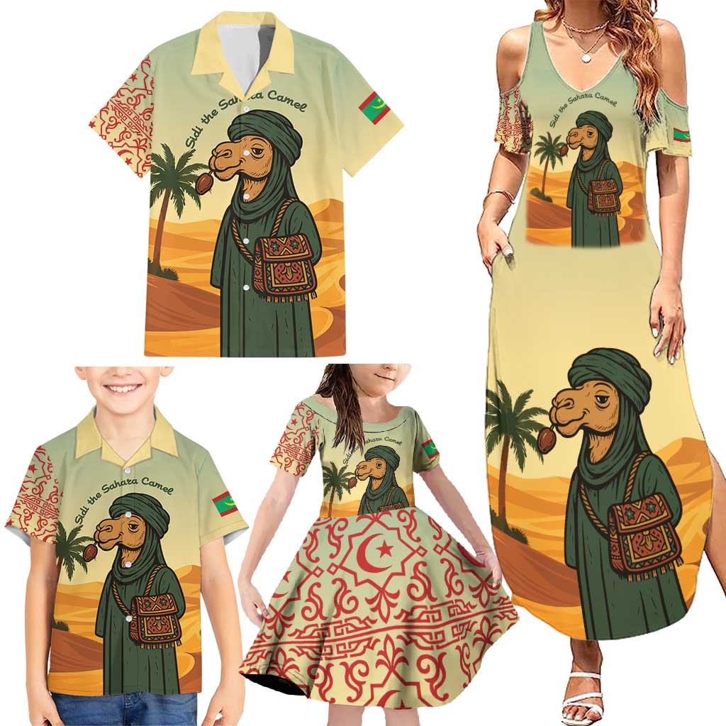Mauritania Family Matching Summer Maxi Dress and Hawaiian Shirt with Sidi the Sahara Camel Cartoon and Desert Caravan Design