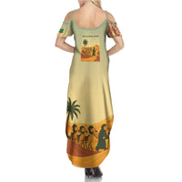 Mauritania Family Matching Summer Maxi Dress and Hawaiian Shirt with Sidi the Sahara Camel Cartoon and Desert Caravan Design
