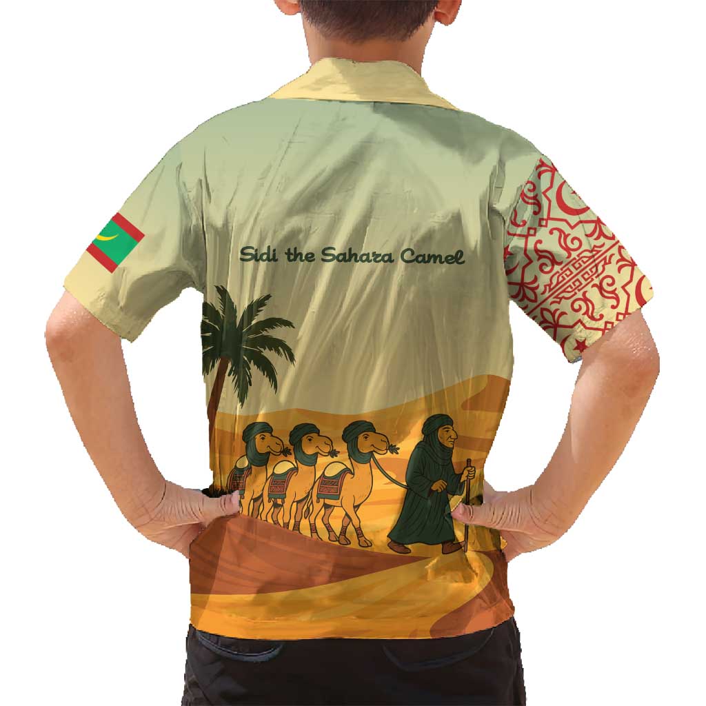 Mauritania Family Matching Tank Maxi Dress and Hawaiian Shirt with Sidi the Sahara Camel Cartoon and Desert Caravan Design