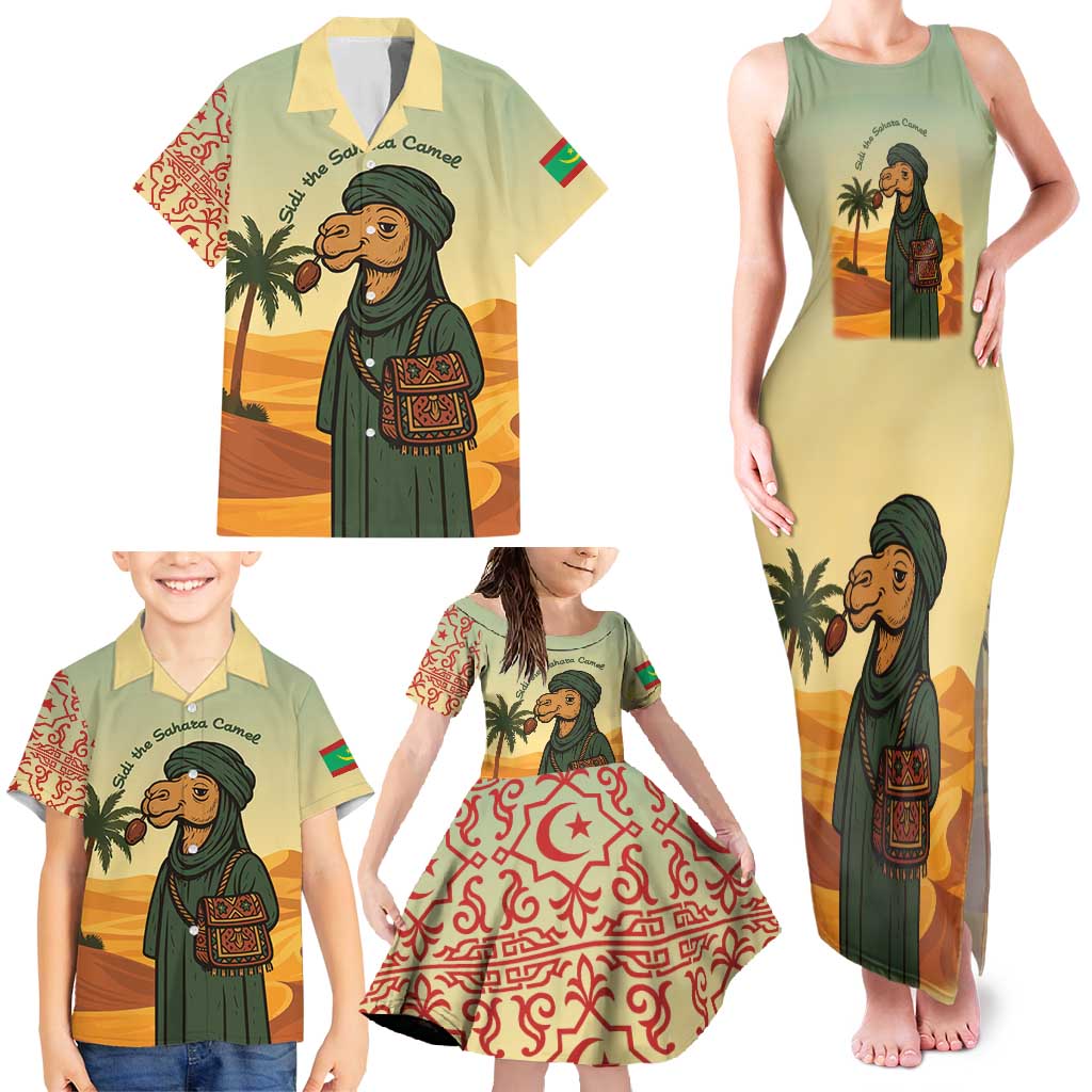 Mauritania Family Matching Tank Maxi Dress and Hawaiian Shirt with Sidi the Sahara Camel Cartoon and Desert Caravan Design