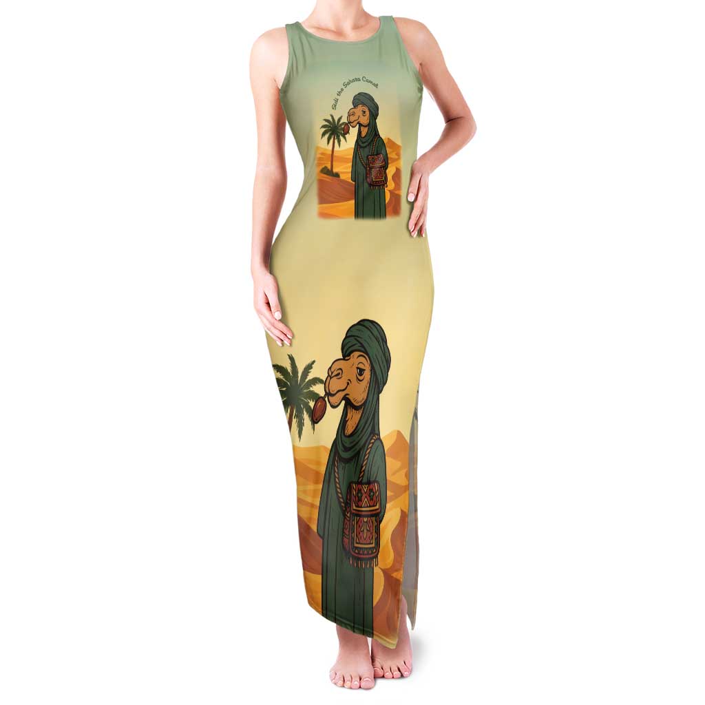 Mauritania Family Matching Tank Maxi Dress and Hawaiian Shirt with Sidi the Sahara Camel Cartoon and Desert Caravan Design