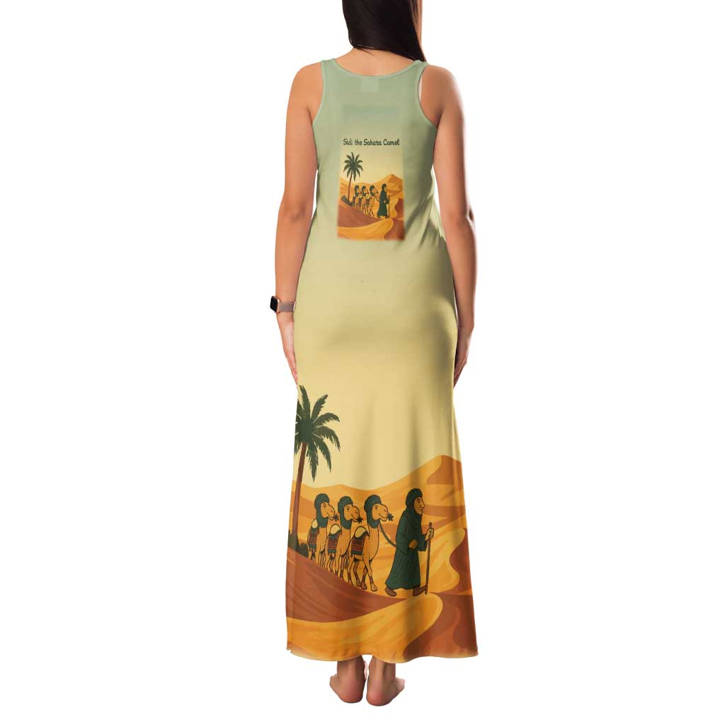 Mauritania Family Matching Tank Maxi Dress and Hawaiian Shirt with Sidi the Sahara Camel Cartoon and Desert Caravan Design