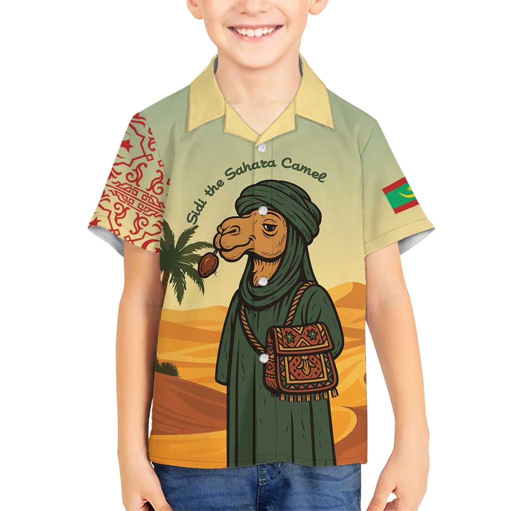 Mauritania Family Matching Tank Maxi Dress and Hawaiian Shirt with Sidi the Sahara Camel Cartoon and Desert Caravan Design