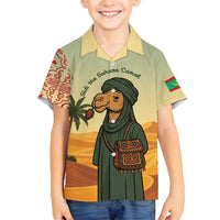 Mauritania Family Matching Tank Maxi Dress and Hawaiian Shirt with Sidi the Sahara Camel Cartoon and Desert Caravan Design