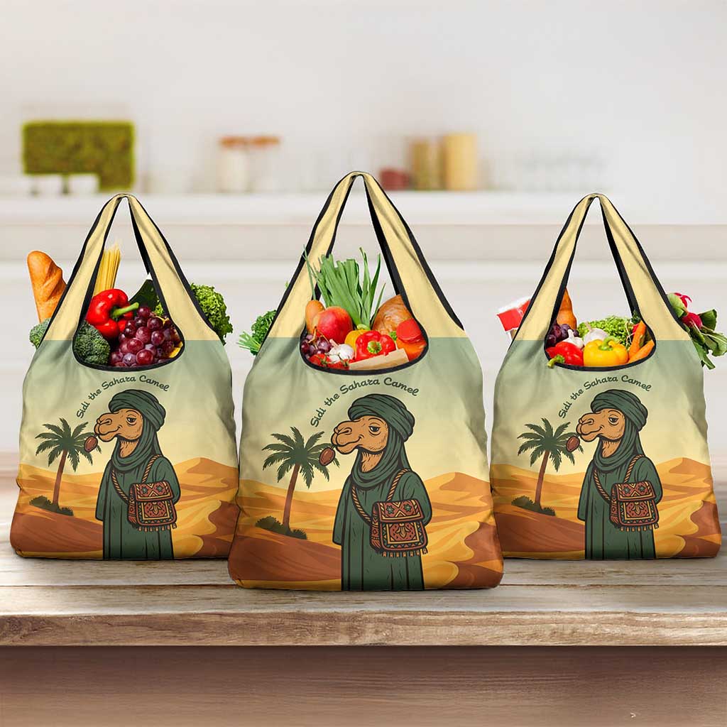 Mauritania Grocery Bag with Sidi the Sahara Camel Cartoon and Desert Caravan Design
