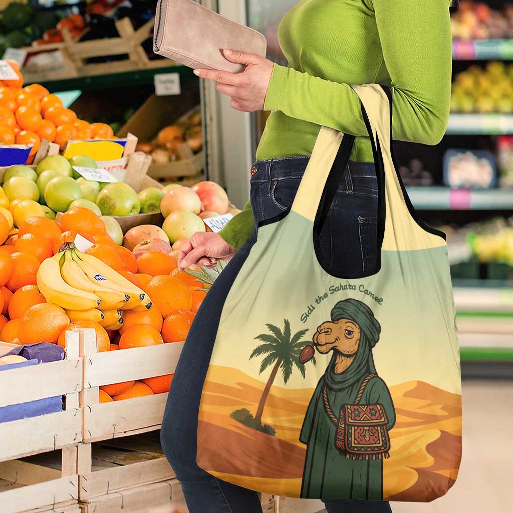 Mauritania Grocery Bag with Sidi the Sahara Camel Cartoon and Desert Caravan Design