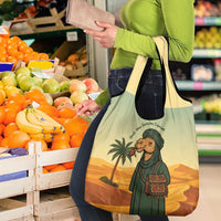 Mauritania Grocery Bag with Sidi the Sahara Camel Cartoon and Desert Caravan Design