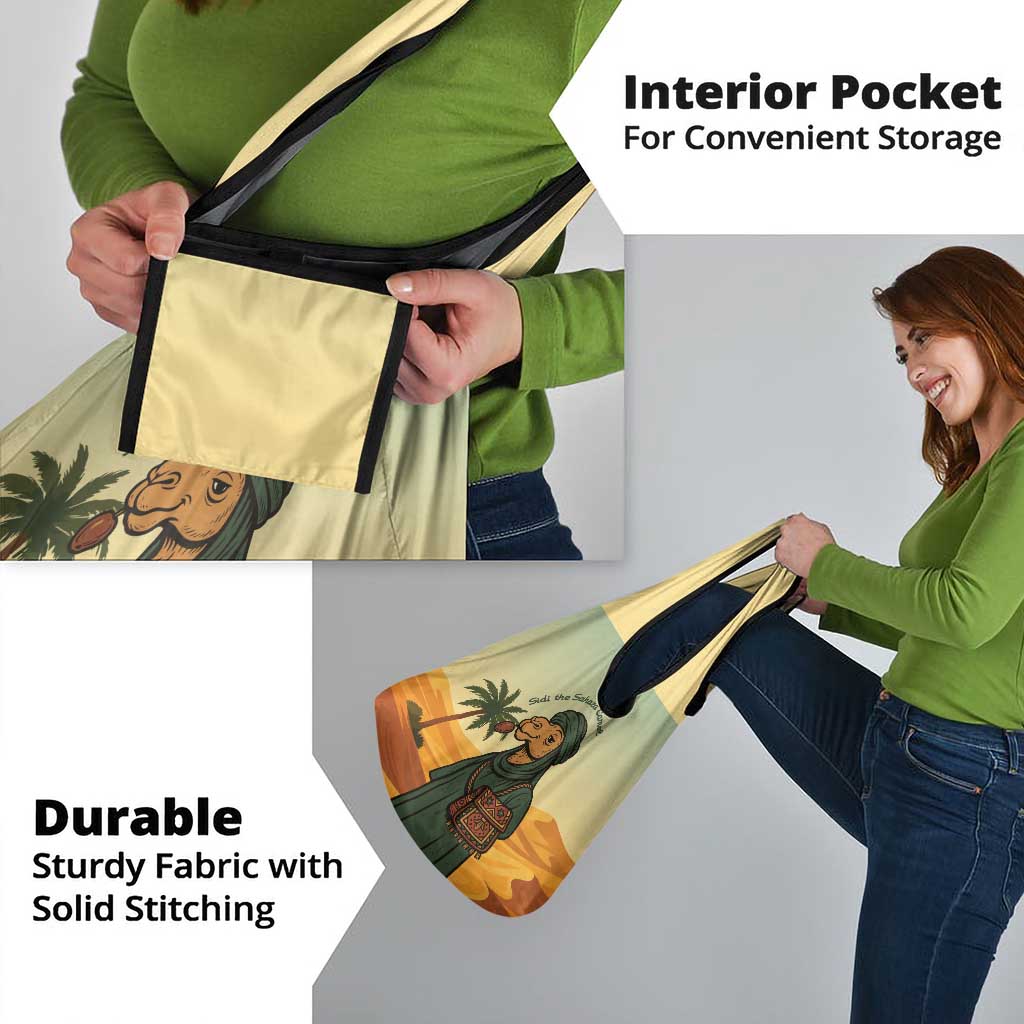 Mauritania Grocery Bag with Sidi the Sahara Camel Cartoon and Desert Caravan Design