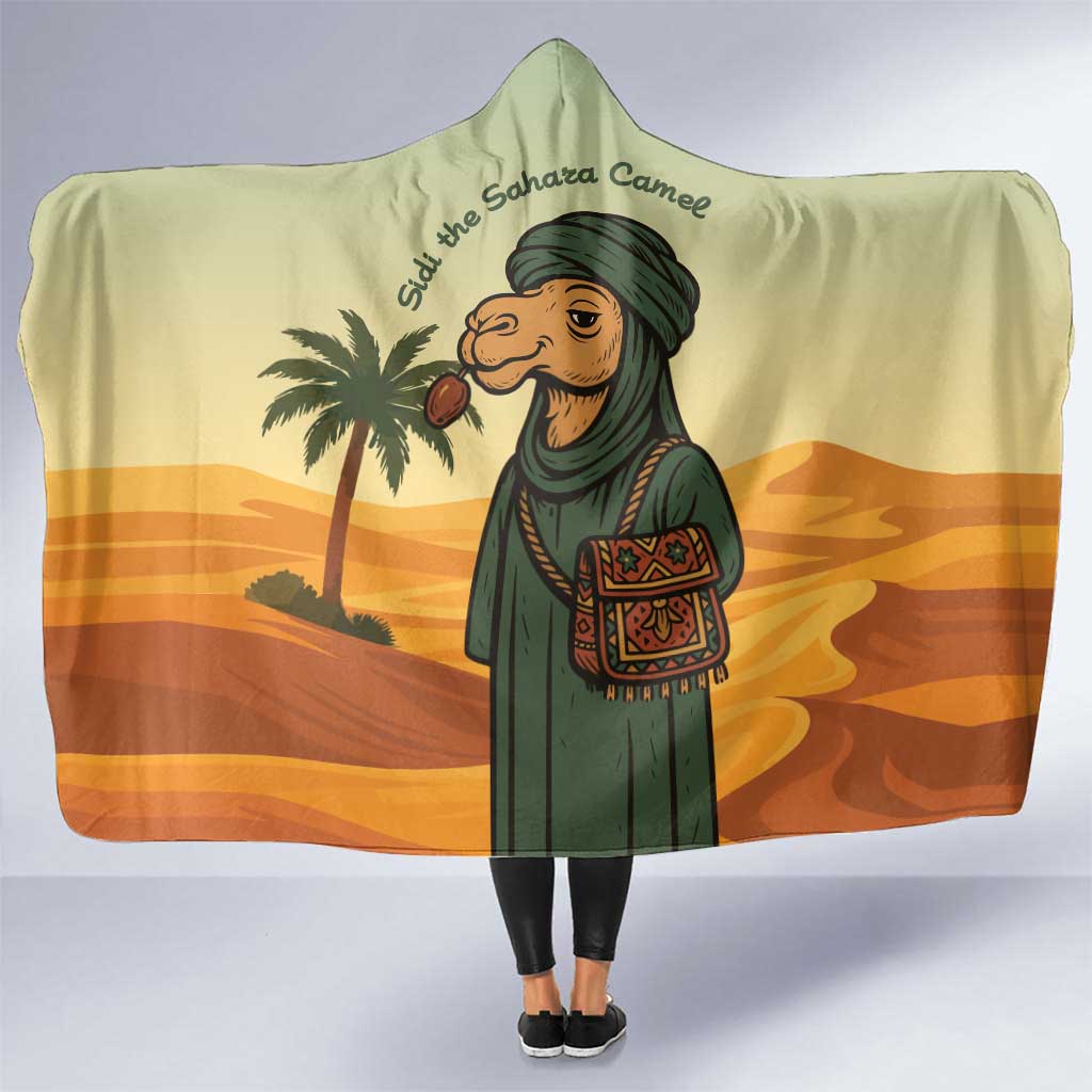 Mauritania Hooded Blanket with Sidi the Sahara Camel Cartoon and Desert Caravan Design