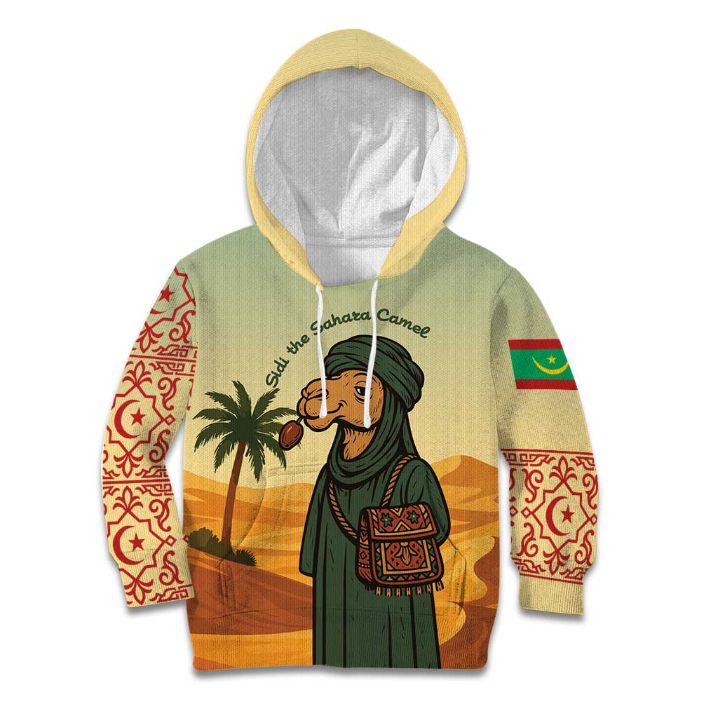 Mauritania Kid Hoodie with Sidi the Sahara Camel Cartoon and Desert Caravan Design