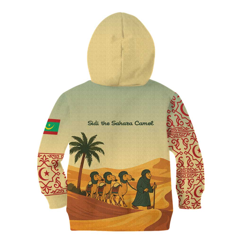 Mauritania Kid Hoodie with Sidi the Sahara Camel Cartoon and Desert Caravan Design