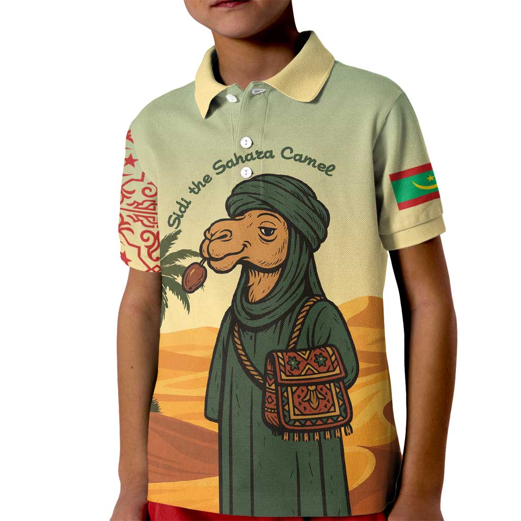Mauritania Kid Polo Shirt with Sidi the Sahara Camel Cartoon and Desert Caravan Design
