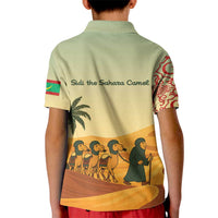 Mauritania Kid Polo Shirt with Sidi the Sahara Camel Cartoon and Desert Caravan Design