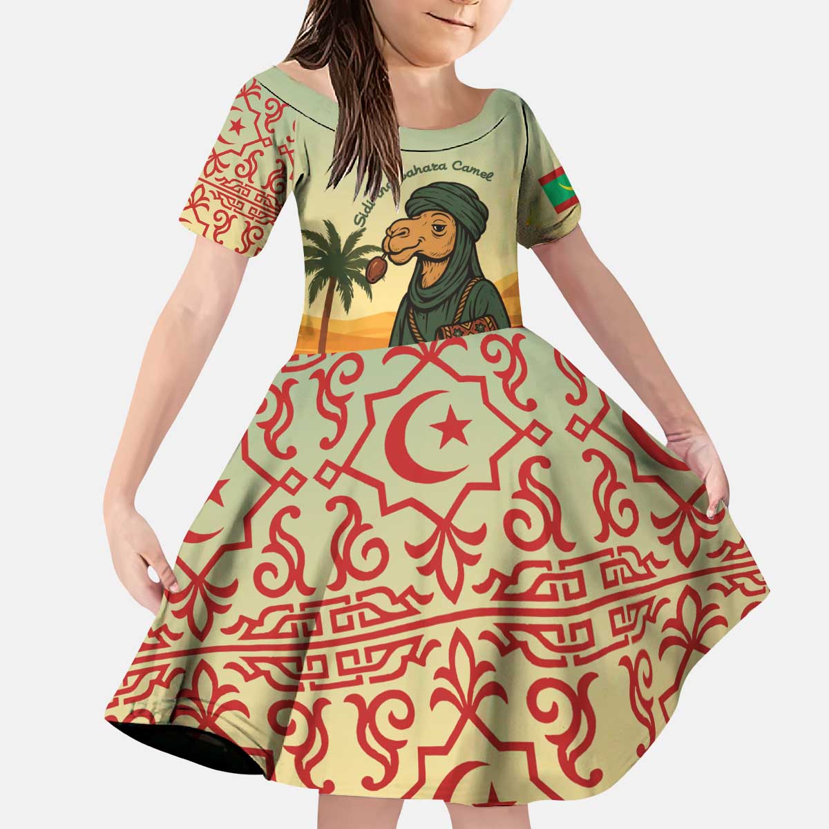 Mauritania Kid Short Sleeve Dress with Sidi the Sahara Camel Cartoon and Desert Caravan Design