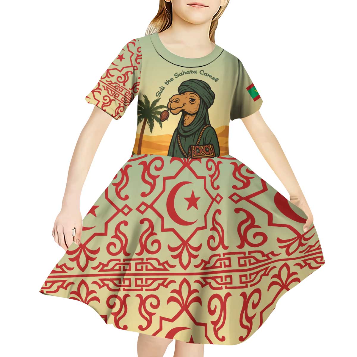 Mauritania Kid Short Sleeve Dress with Sidi the Sahara Camel Cartoon and Desert Caravan Design