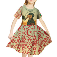 Mauritania Kid Short Sleeve Dress with Sidi the Sahara Camel Cartoon and Desert Caravan Design