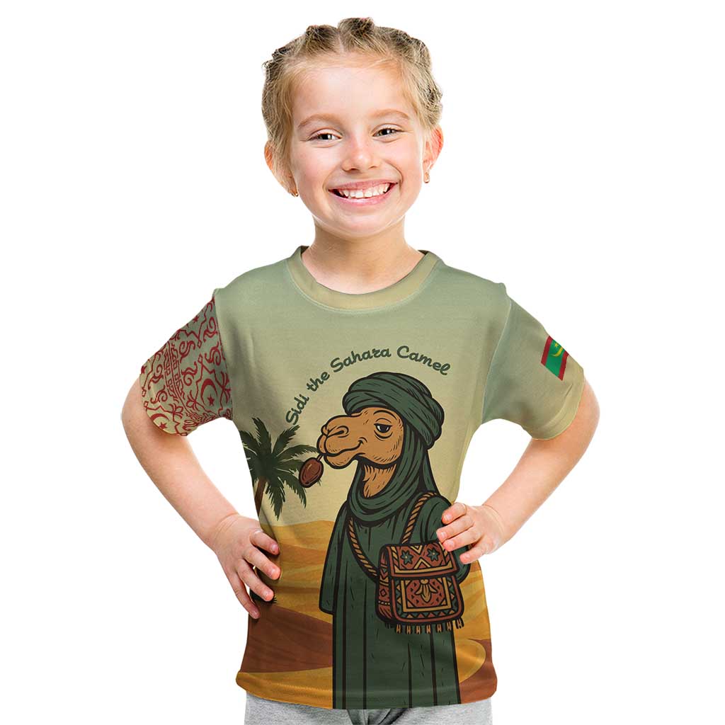 Mauritania Kid T Shirt with Sidi the Sahara Camel Cartoon and Desert Caravan Design