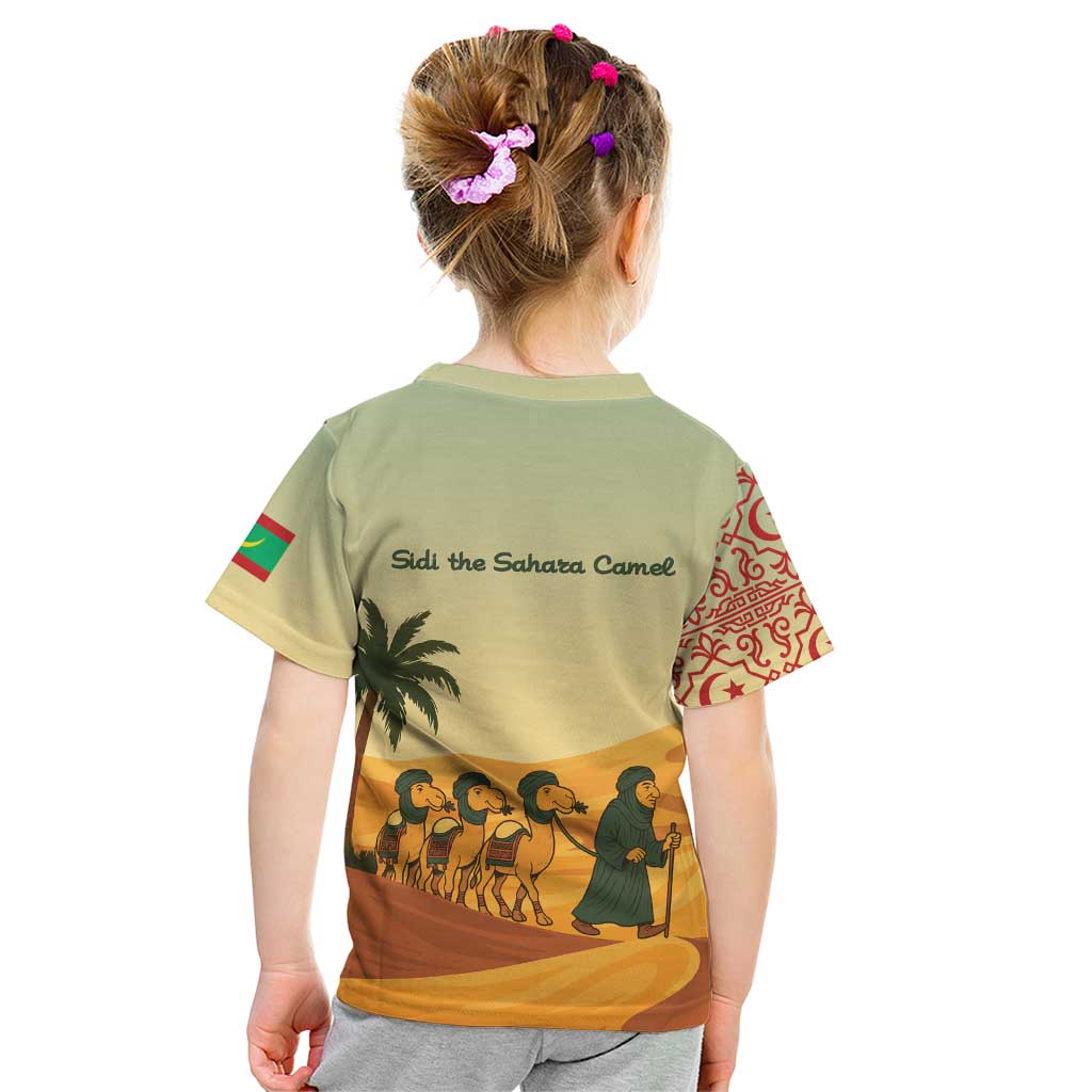 Mauritania Kid T Shirt with Sidi the Sahara Camel Cartoon and Desert Caravan Design