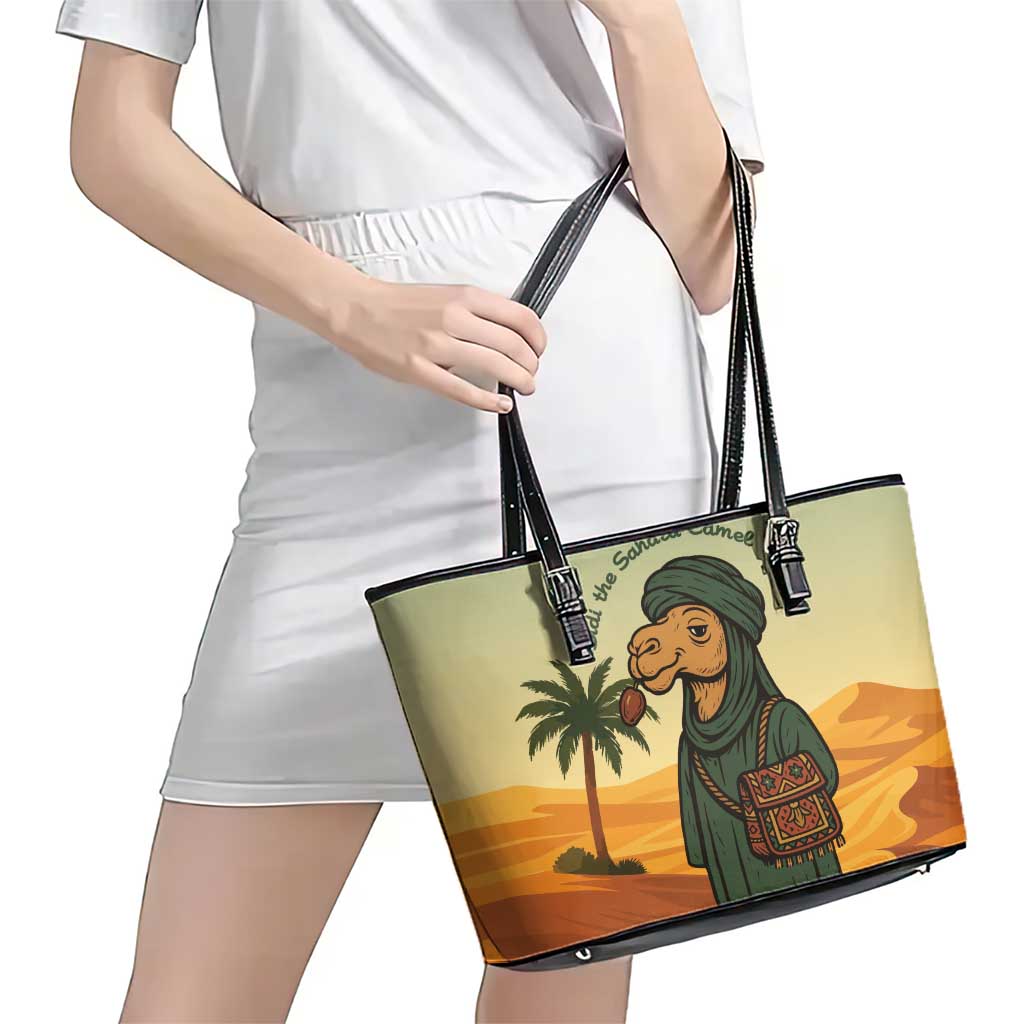 Mauritania Leather Tote Bag with Sidi the Sahara Camel Cartoon and Desert Caravan Design