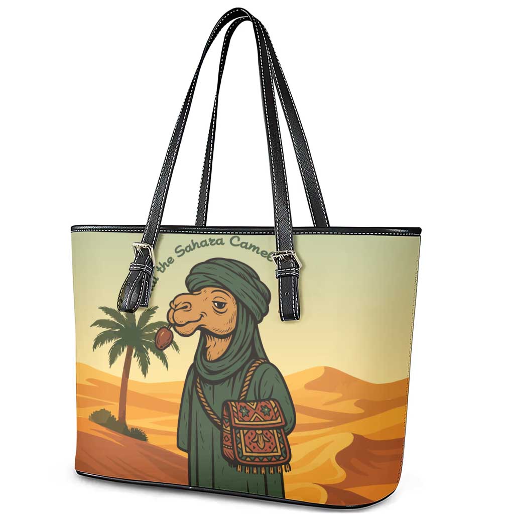 Mauritania Leather Tote Bag with Sidi the Sahara Camel Cartoon and Desert Caravan Design