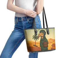Mauritania Leather Tote Bag with Sidi the Sahara Camel Cartoon and Desert Caravan Design