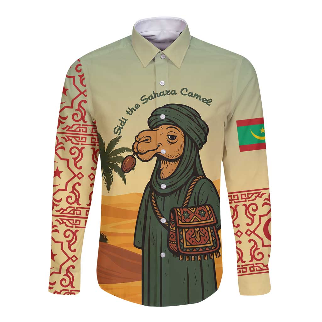 Mauritania Long Sleeve Button Shirt with Sidi the Sahara Camel Cartoon and Desert Caravan Design