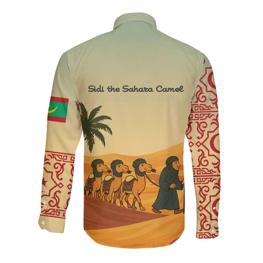 Mauritania Long Sleeve Button Shirt with Sidi the Sahara Camel Cartoon and Desert Caravan Design