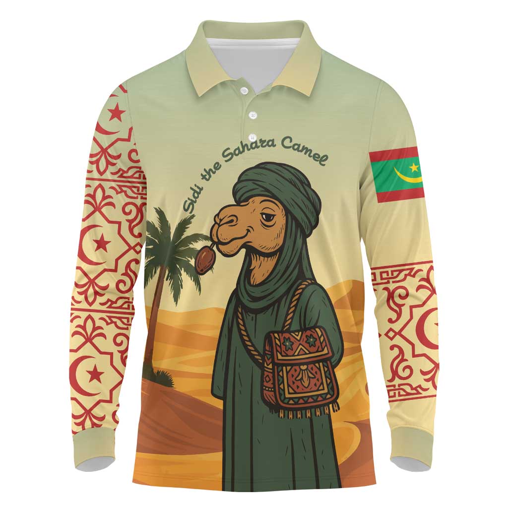Mauritania Long Sleeve Polo Shirt with Sidi the Sahara Camel Cartoon and Desert Caravan Design