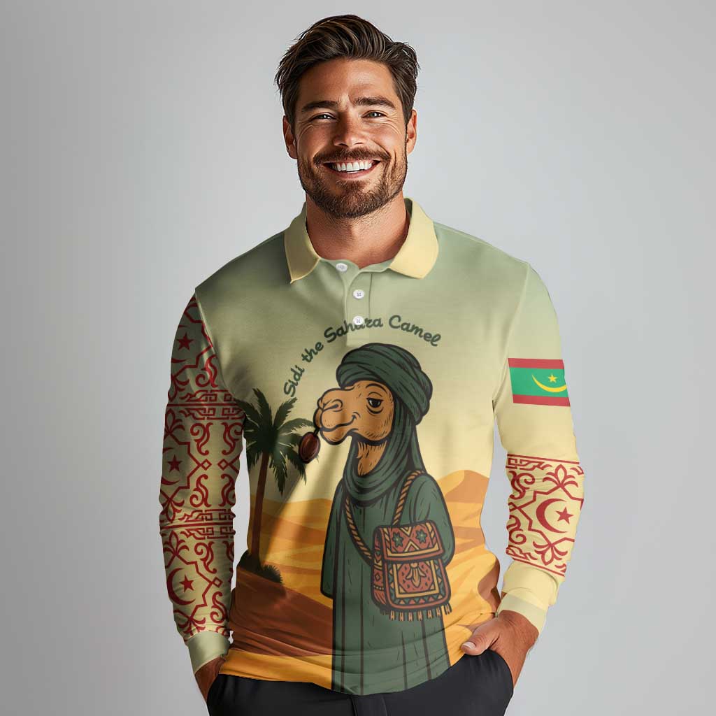Mauritania Long Sleeve Polo Shirt with Sidi the Sahara Camel Cartoon and Desert Caravan Design